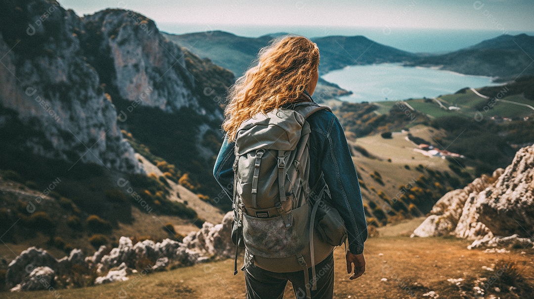 Mulher com mochila andando nas montanhas