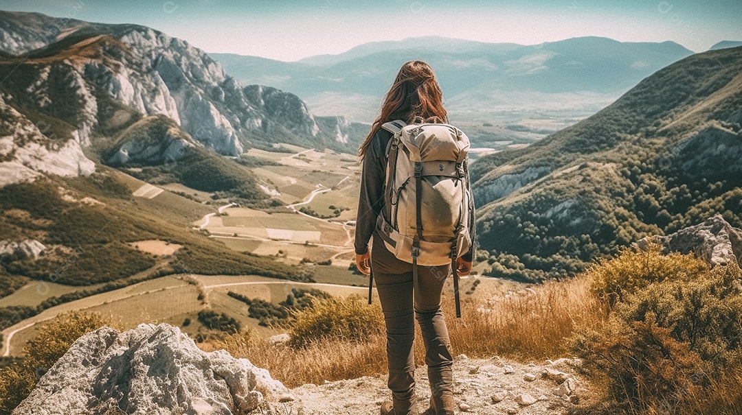 Mulher com mochila andando nas montanhas
