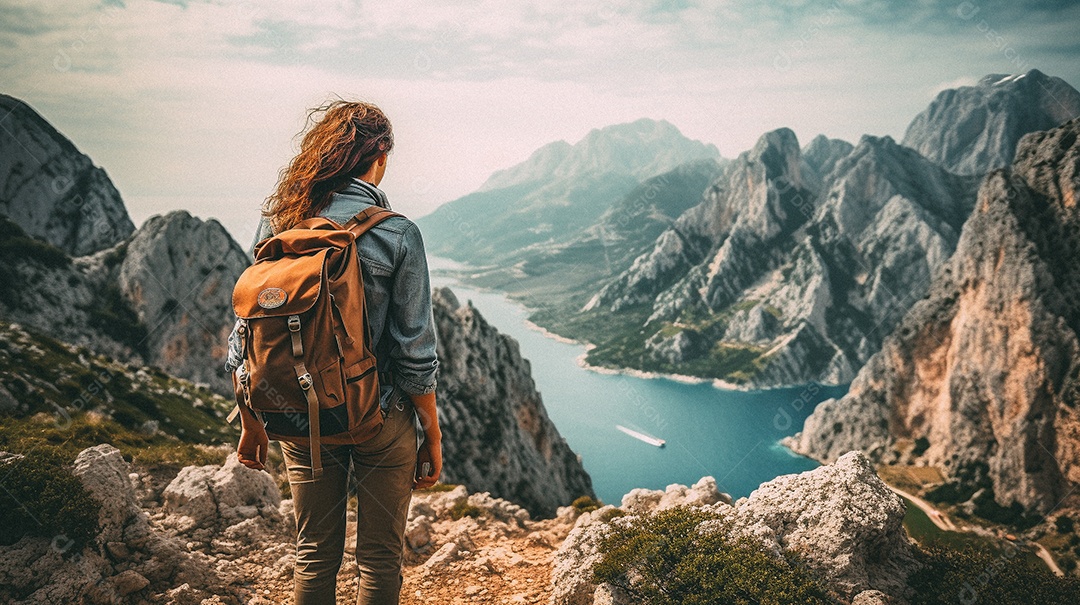 Mulher com mochila andando nas montanhas