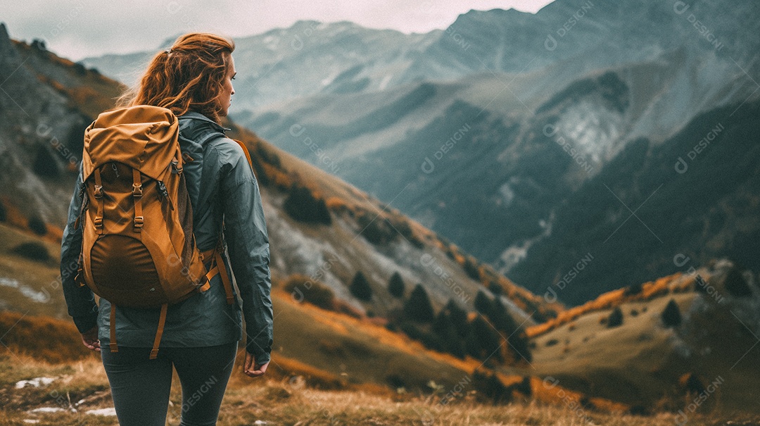 Mulher com mochila andando nas montanhas