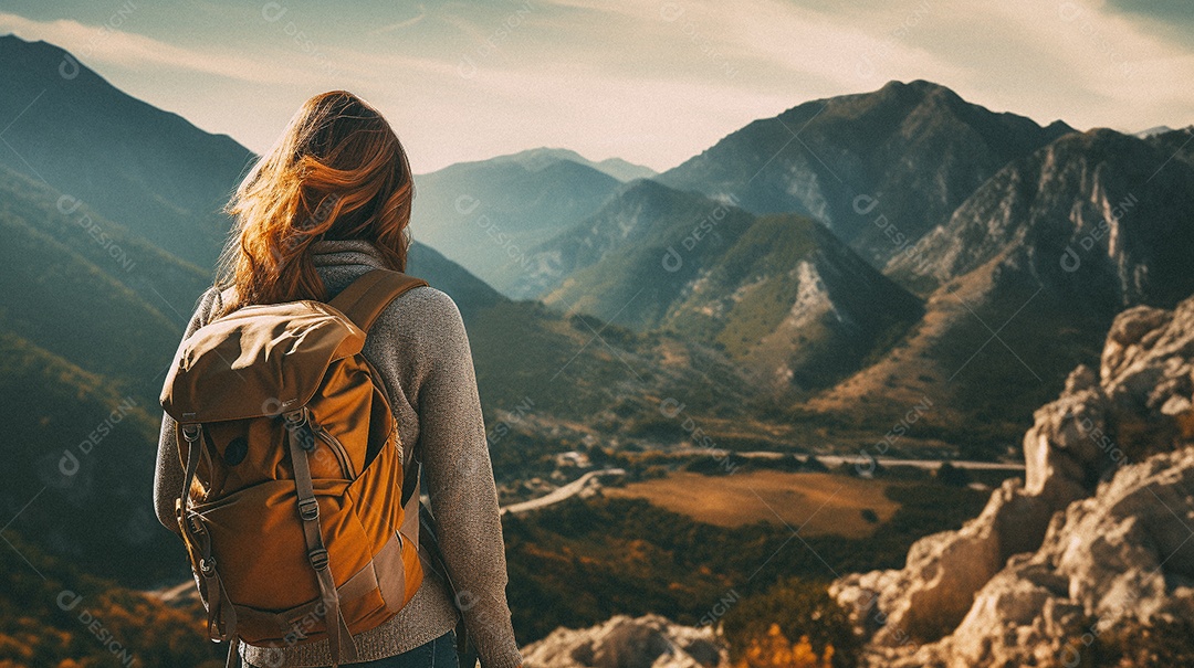 Mulher com mochila andando nas montanhas