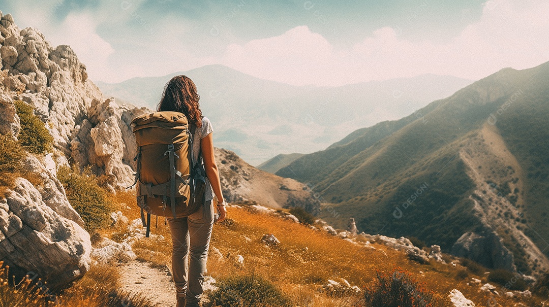 Mulher com mochila andando nas montanhas
