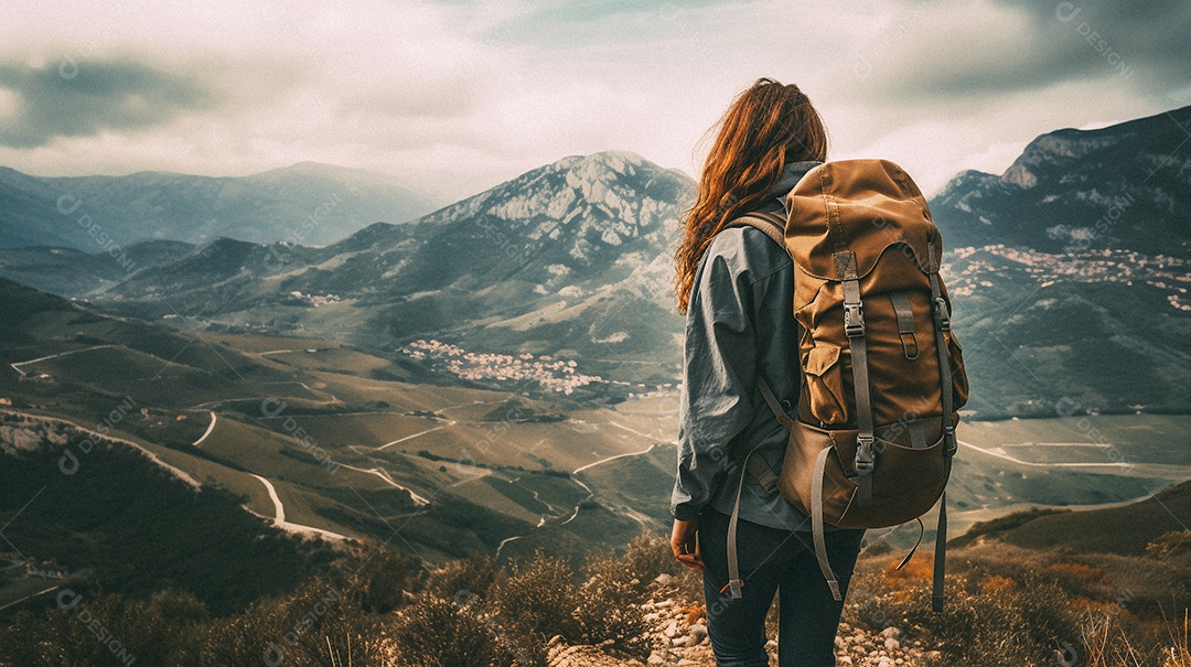 Mulher com mochila andando nas montanhas