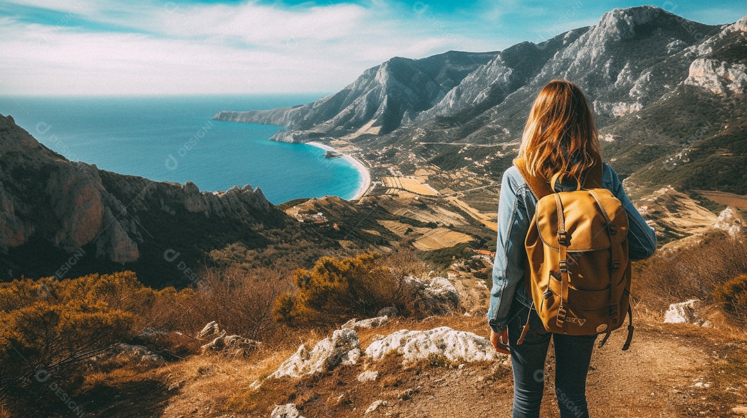 Mulher com mochila andando nas montanhas