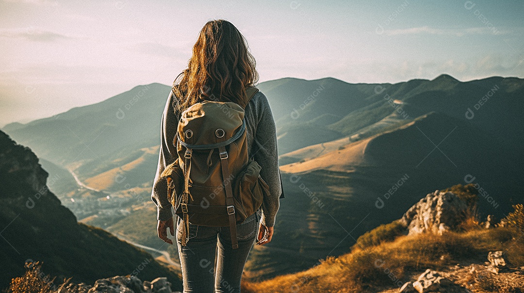 Mulher com mochila andando nas montanhas