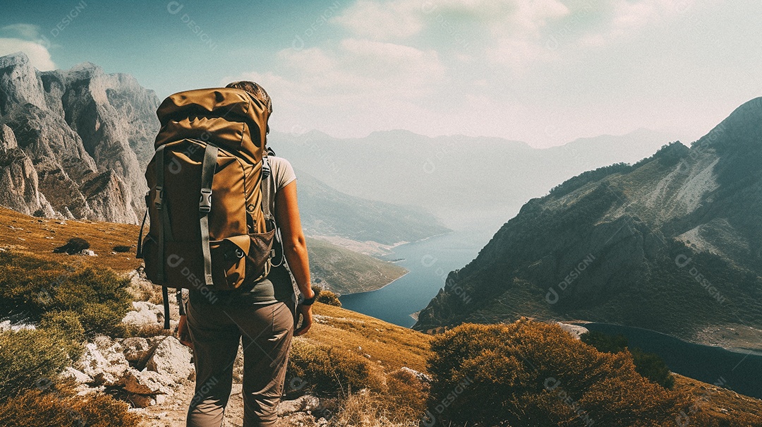 Mulher com mochila andando nas montanhas