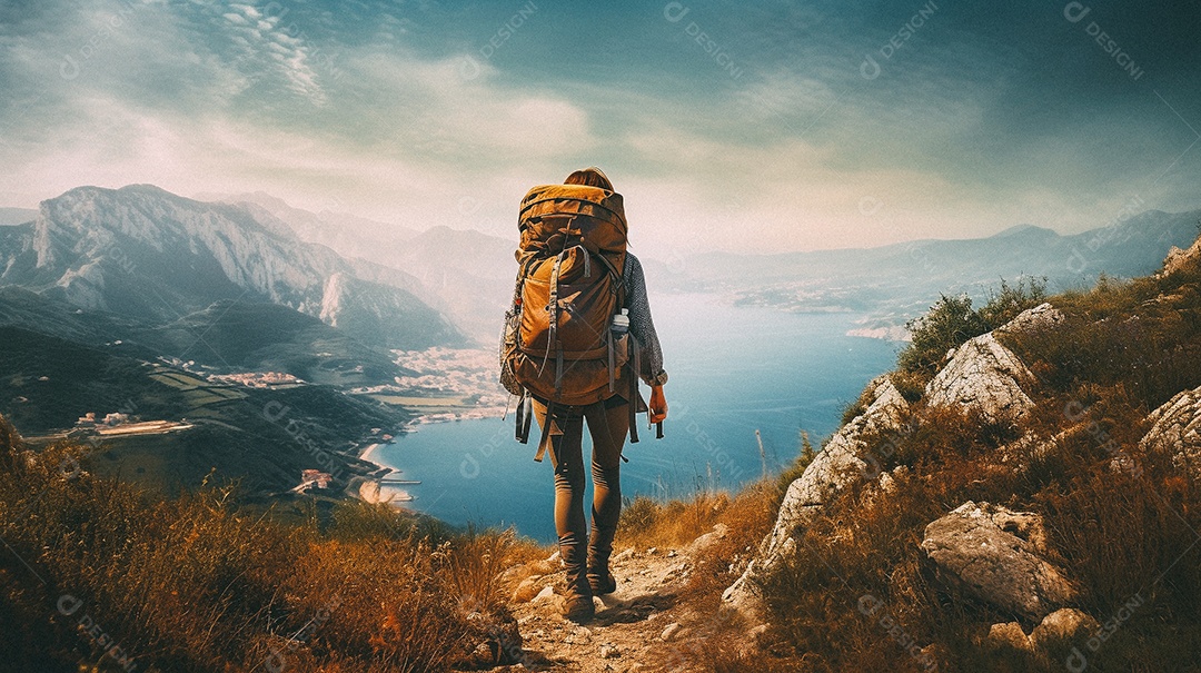 Mulher com mochila andando nas montanhas