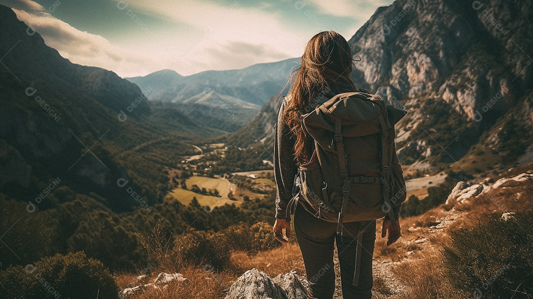 Mulher com mochila andando nas montanhas
