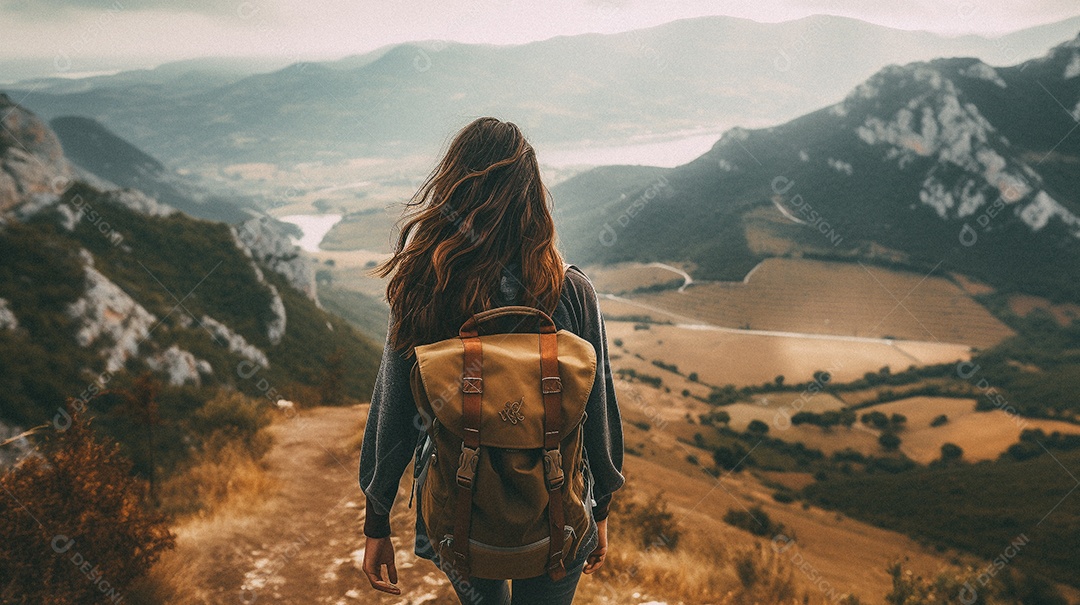 Mulher com mochila andando nas montanhas