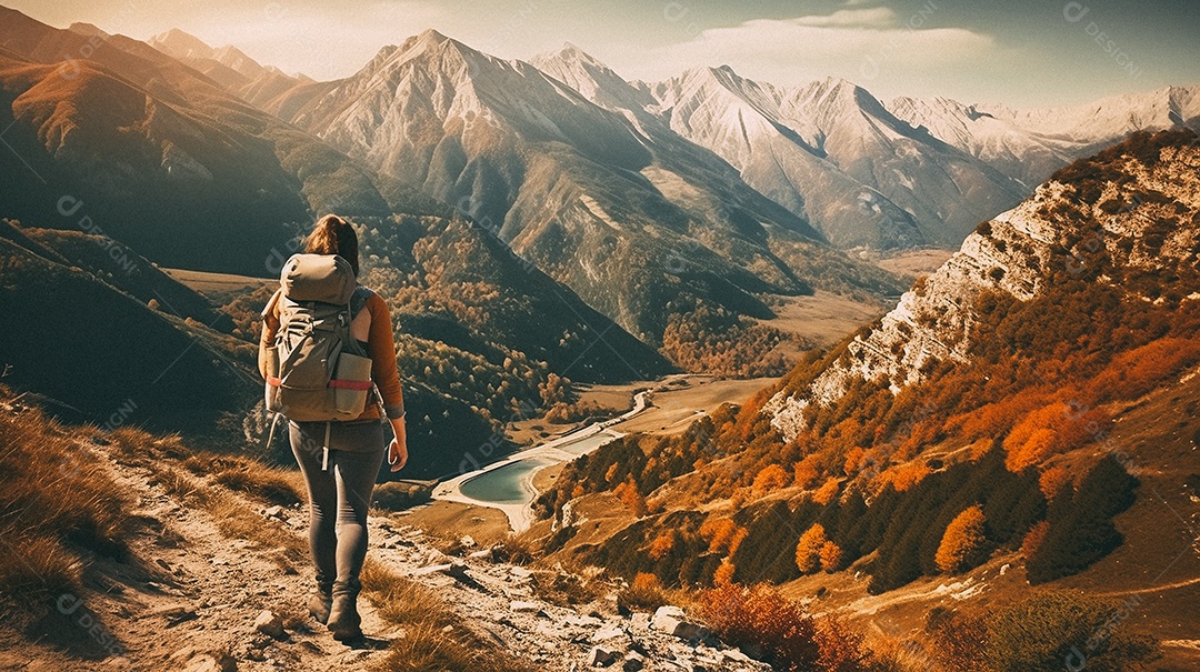 Mulher com mochila andando nas montanhas