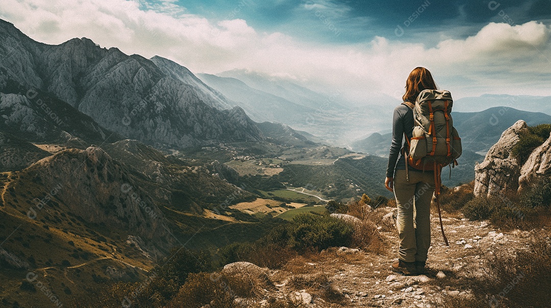 Mulher com mochila andando nas montanhas