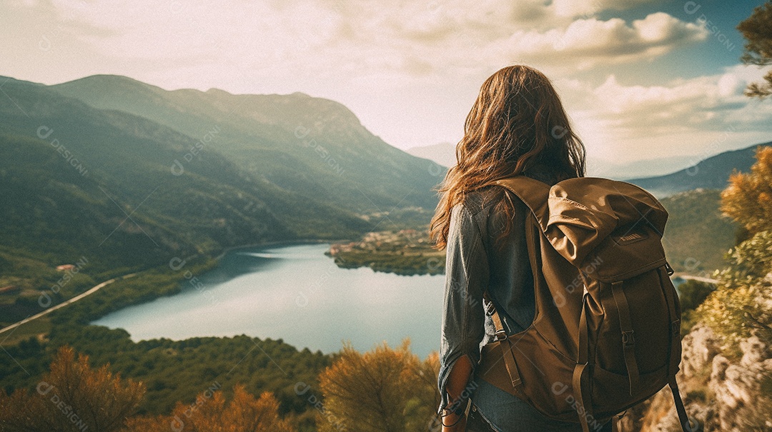 Mulher com mochila andando nas montanhas