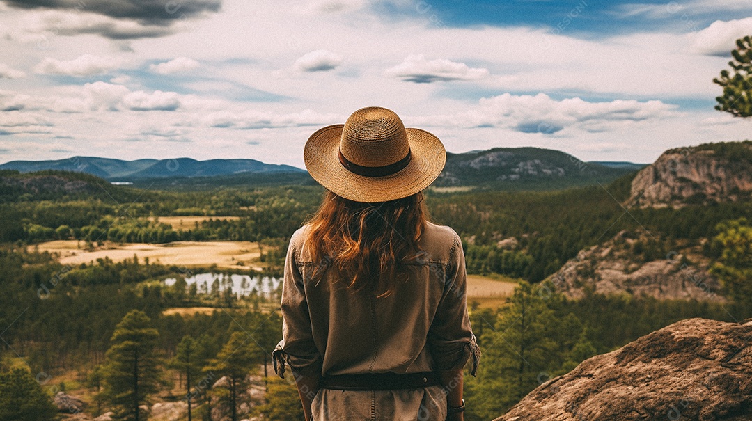 Mulher com mochila andando nas montanhas