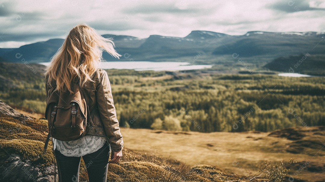 Mulher com mochila andando nas montanhas