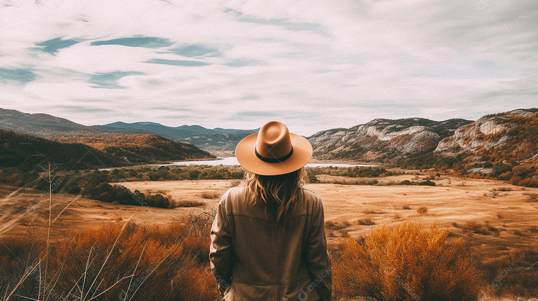 Mulher com mochila andando nas montanhas