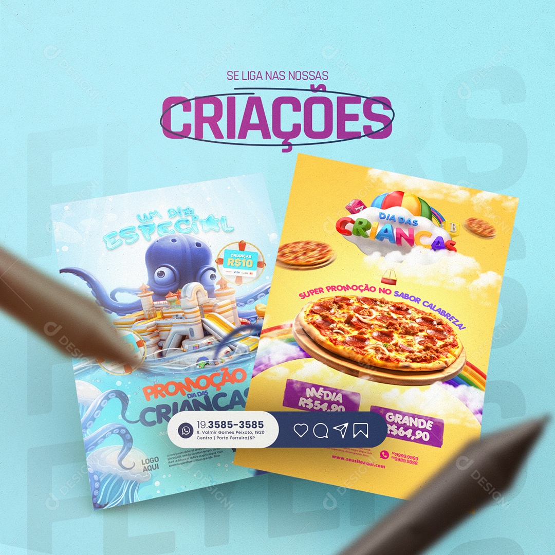 Portfolio Se Liga nas Nossas Criações Loja de Brinquedos Pizzaria Social Media PSD Editável