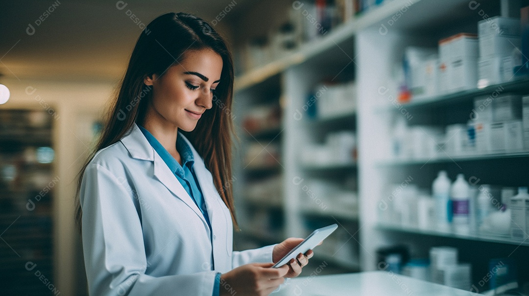 Jovem farmacêutica feminina de farmácia