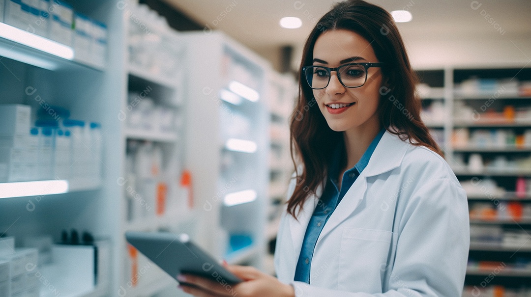 Jovem farmacêutica feminina de farmácia