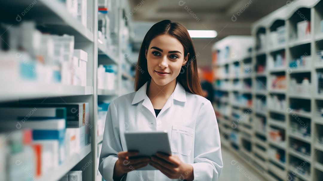 Jovem farmacêutica feminina de farmácia