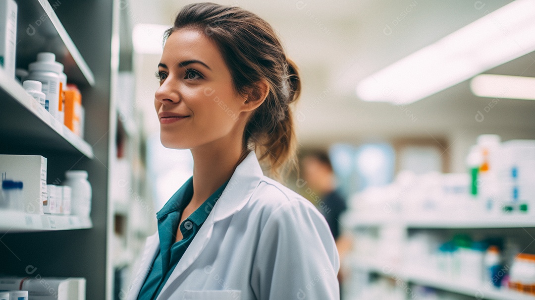 Jovem farmacêutica feminina de farmácia