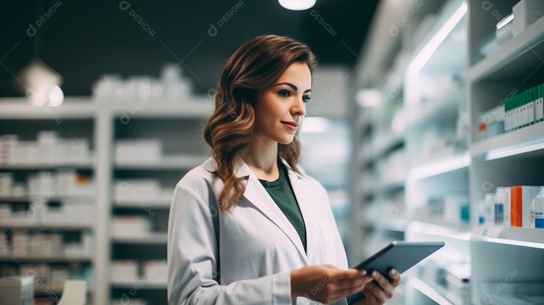 Jovem farmacêutica feminina de farmácia