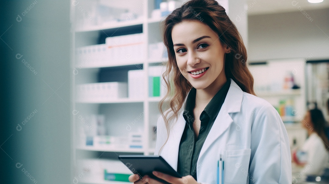 Jovem farmacêutica feminina de farmácia