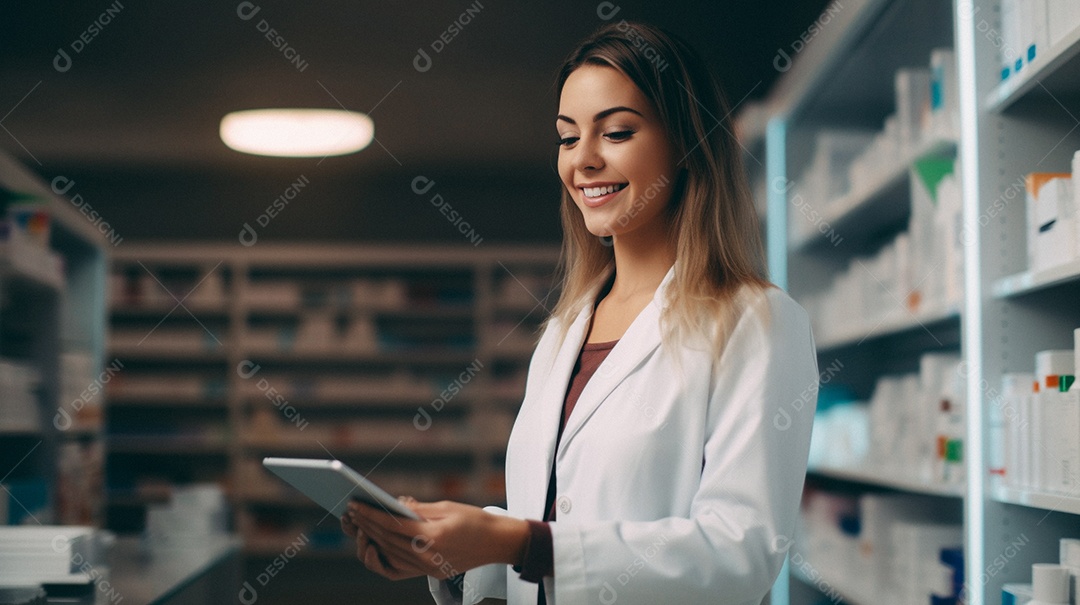 Jovem farmacêutica feminina de farmácia