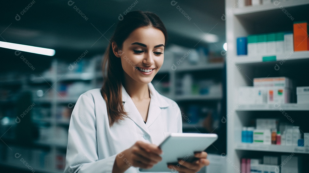 Jovem farmacêutica feminina de farmácia