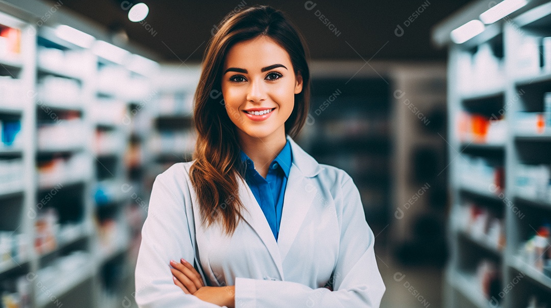 Jovem farmacêutica feminina de farmácia