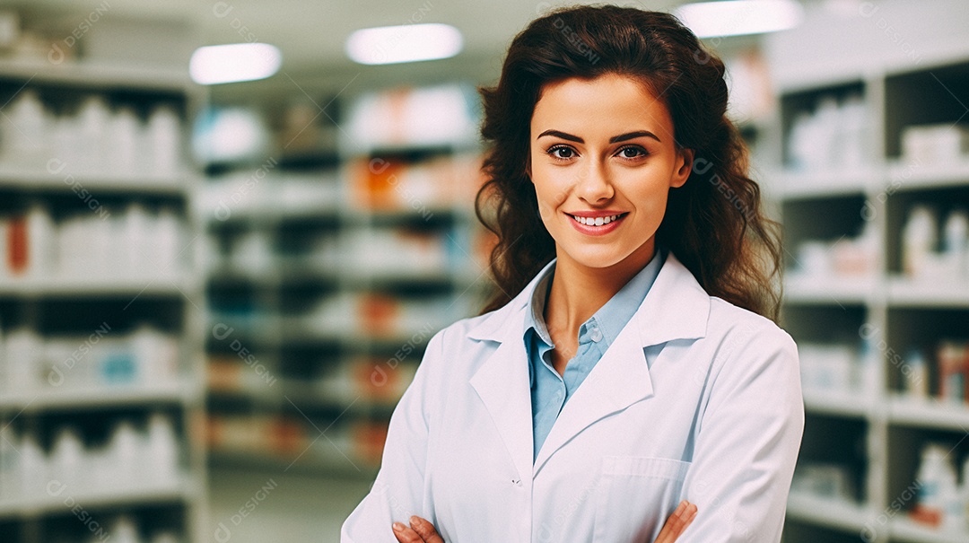 Jovem farmacêutica feminina de farmácia