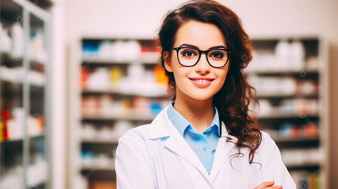 Jovem farmacêutica feminina de farmácia