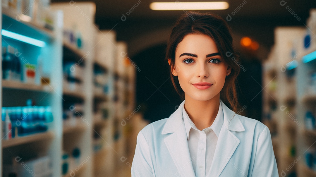 Jovem farmacêutica feminina de farmácia