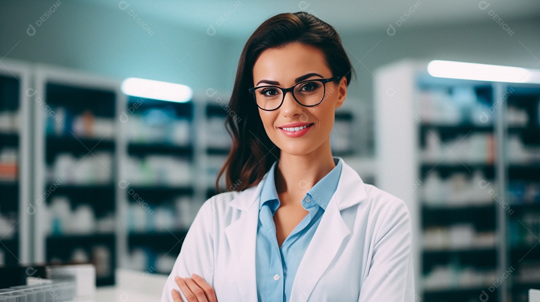 Jovem farmacêutica feminina de farmácia