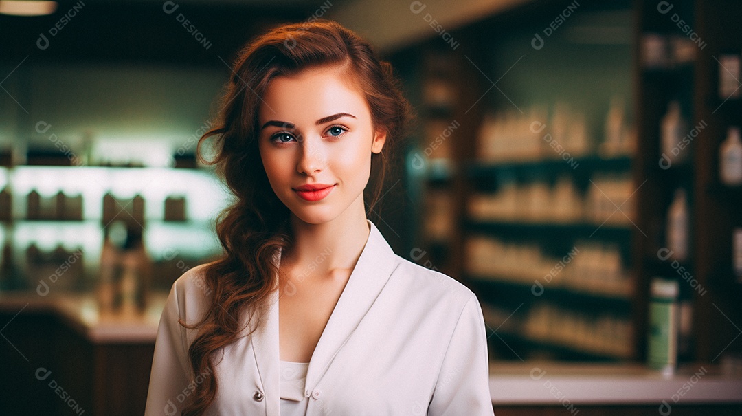 Jovem farmacêutica feminina de farmácia