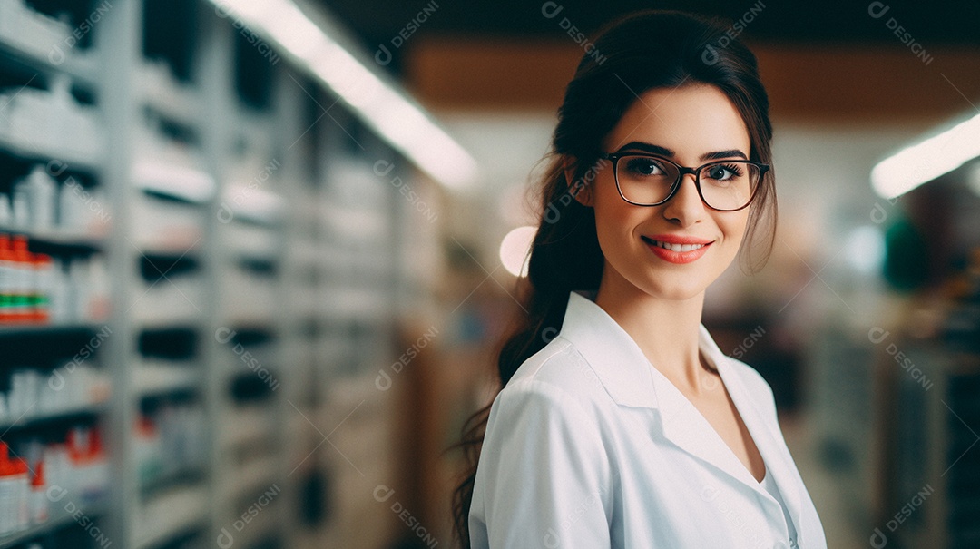 Jovem farmacêutica feminina de farmácia