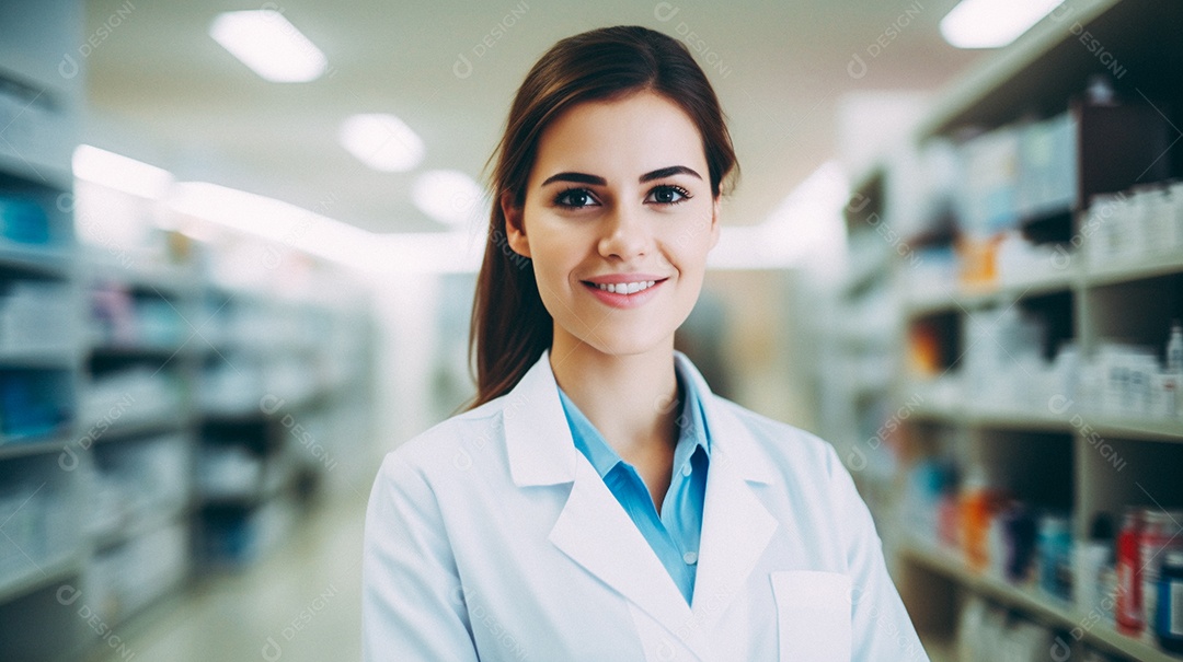 Jovem farmacêutica feminina de farmácia