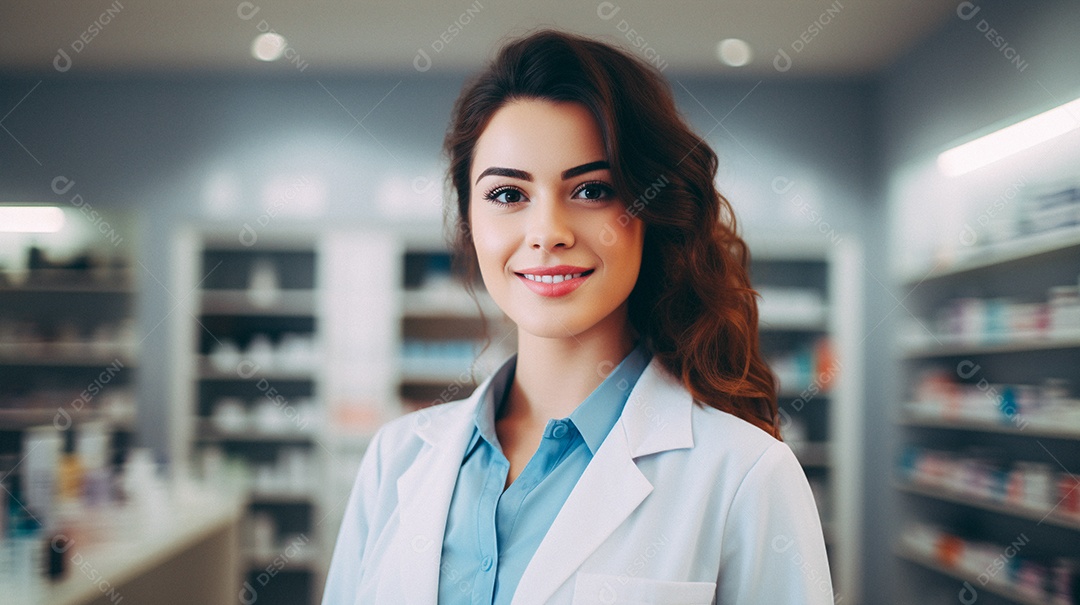 Jovem farmacêutica feminina de farmácia