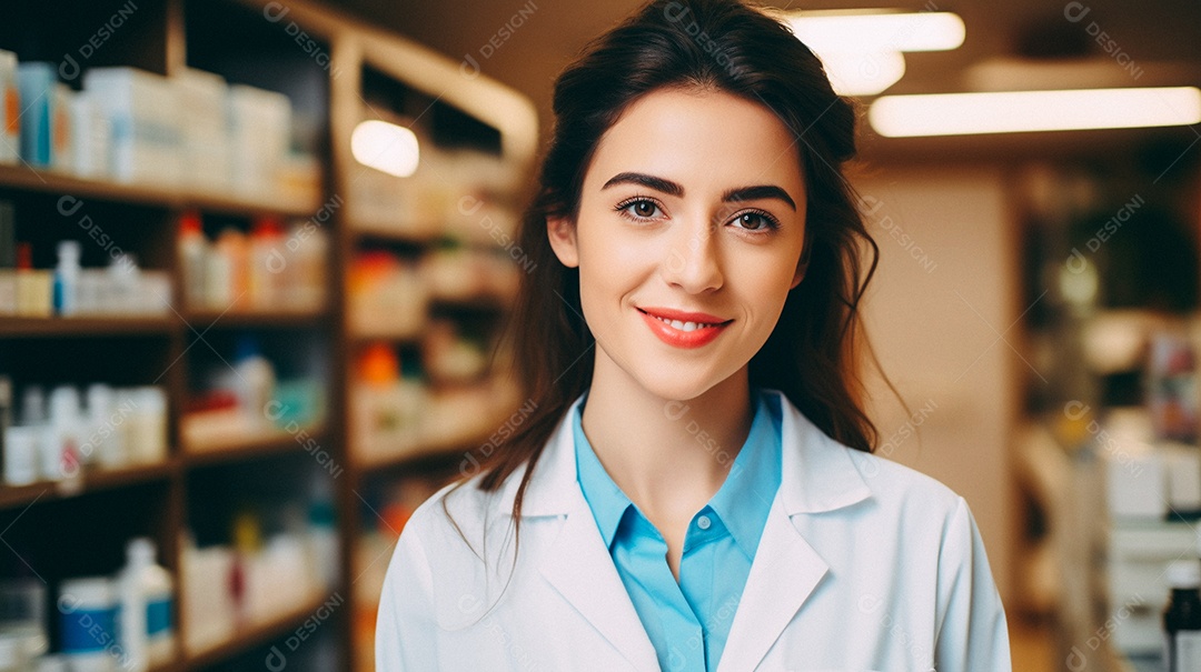 Jovem farmacêutica feminina de farmácia