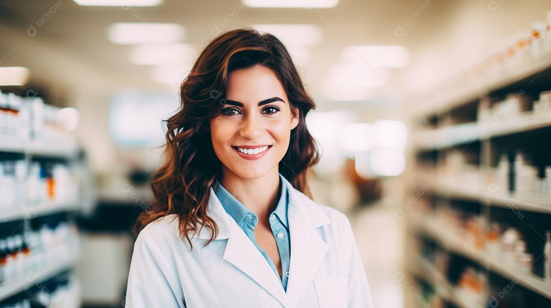 Jovem farmacêutica feminina de farmácia