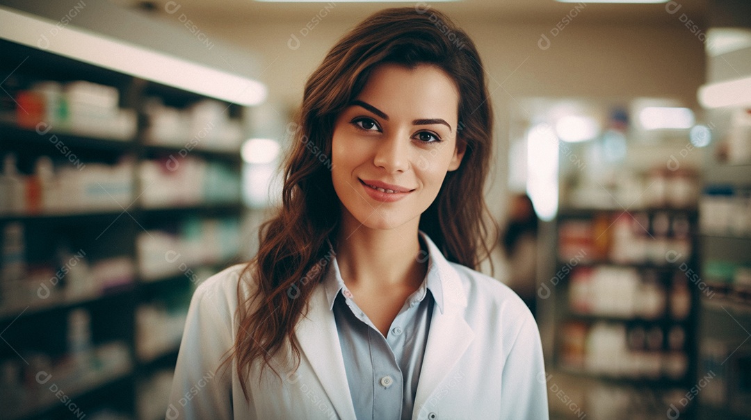 Jovem farmacêutica feminina de farmácia