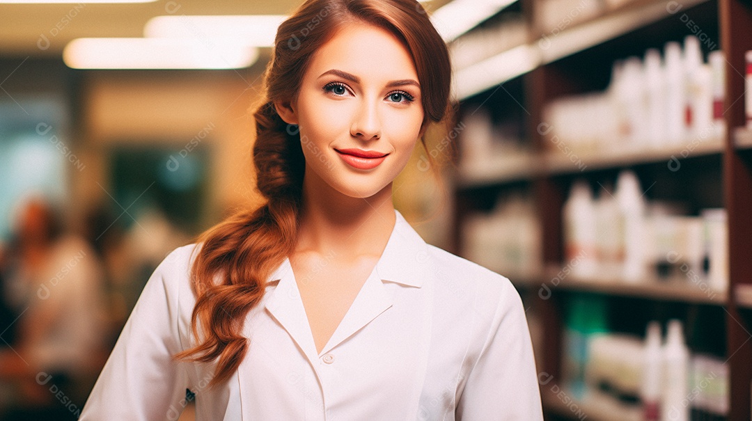 Jovem farmacêutica feminina de farmácia