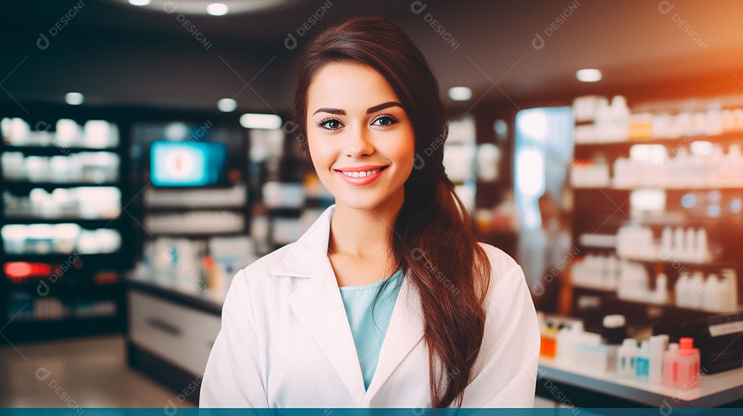 Jovem farmacêutica feminina de farmácia