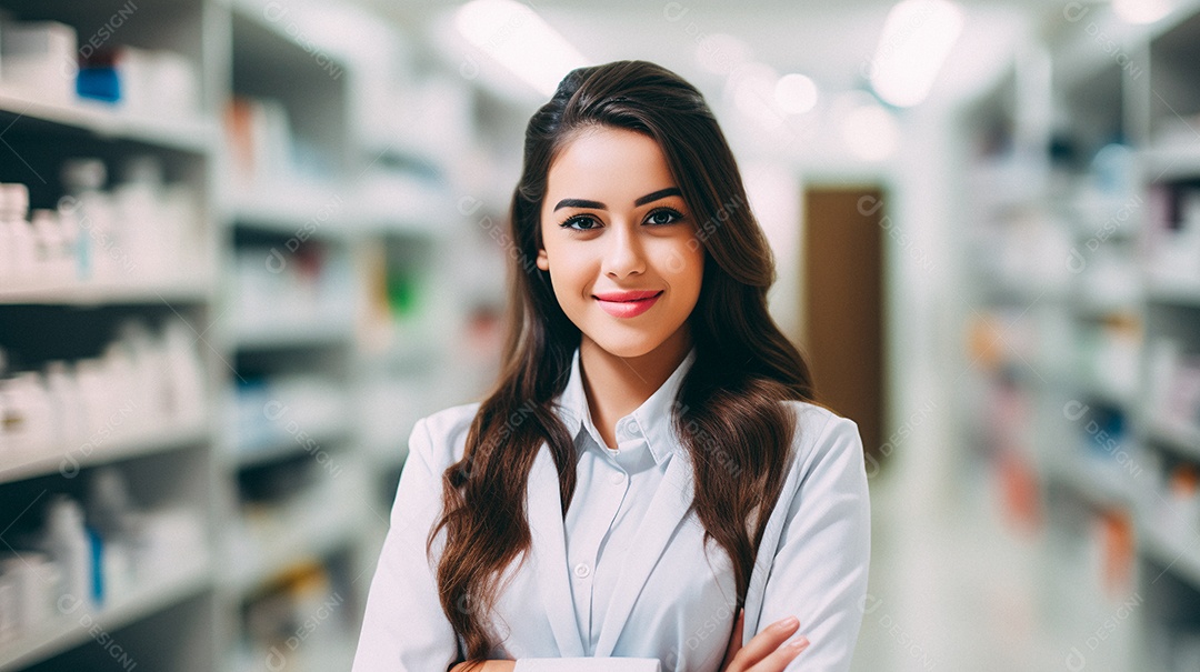 Jovem farmacêutica feminina de farmácia