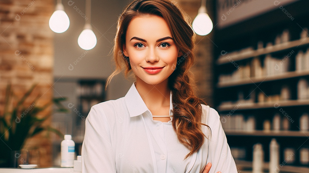 Jovem farmacêutica feminina de farmácia