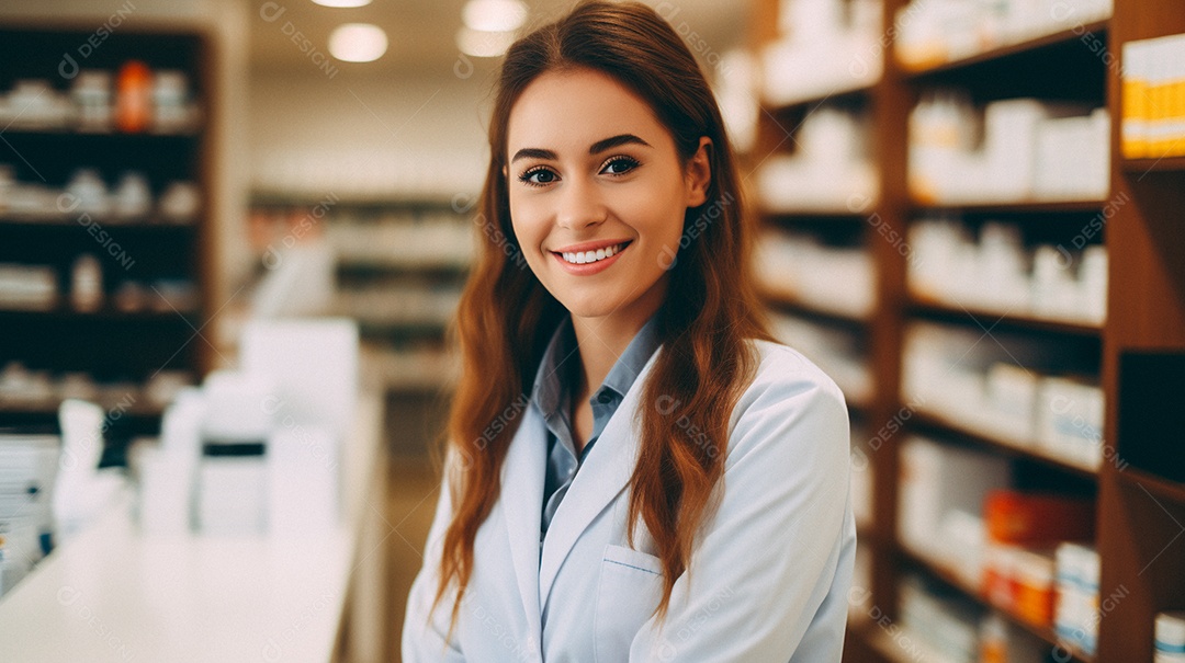 Jovem farmacêutica feminina de farmácia