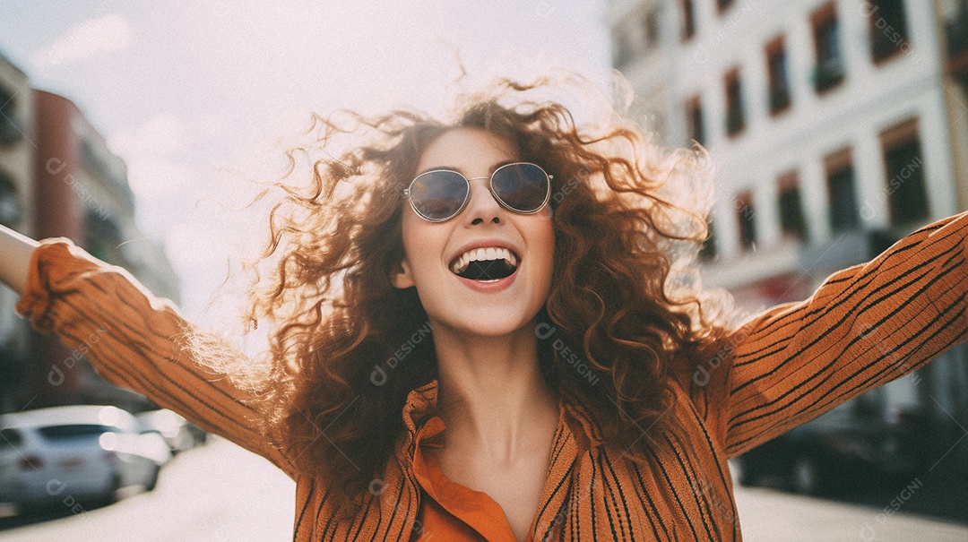 Linda pessoa feliz comemorando na rua