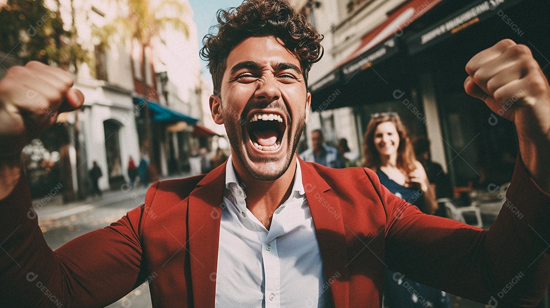 Linda pessoa feliz comemorando na rua