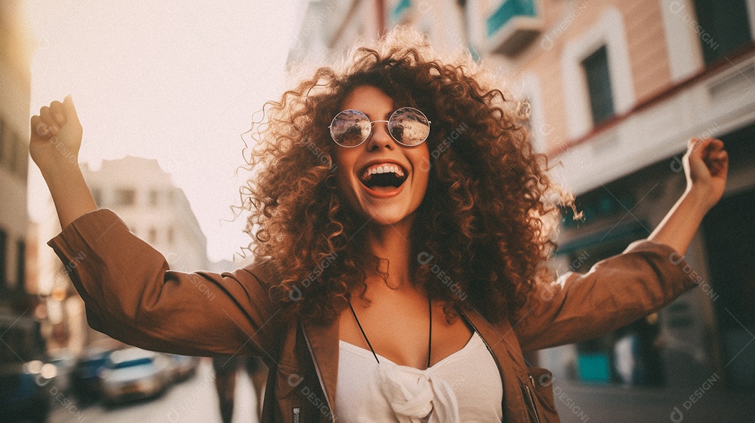 Linda pessoa feliz comemorando na rua