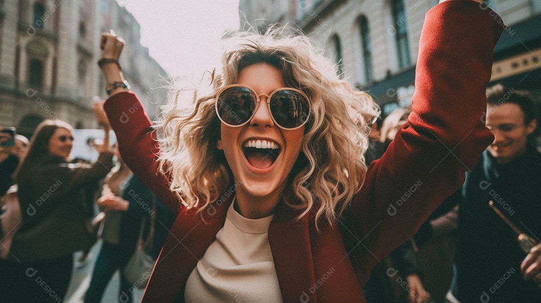 Linda pessoa feliz comemorando na rua