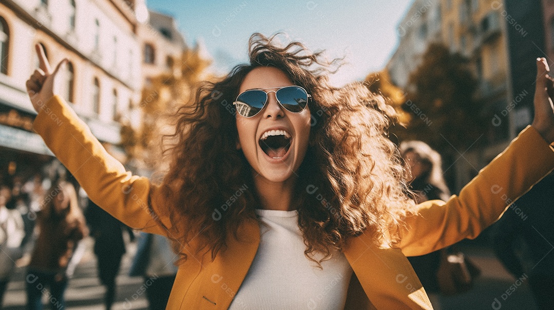 Linda pessoa feliz comemorando na rua
